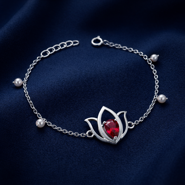 Unniyarcha 925 Pure Silver Lotus Bracelet with Ruby Red Stone & Pearl — Adjustable