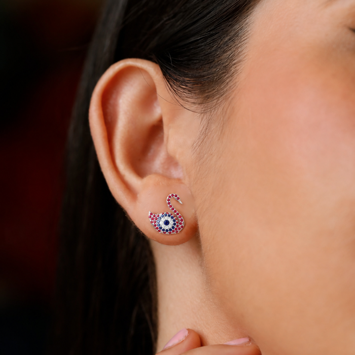 925 Pure Silver Sparkling Swan Evil Eye Stud Earrings