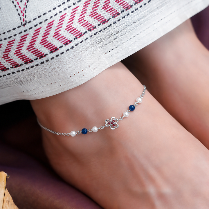 925 Sterling Silver Floral Pearl Anklet