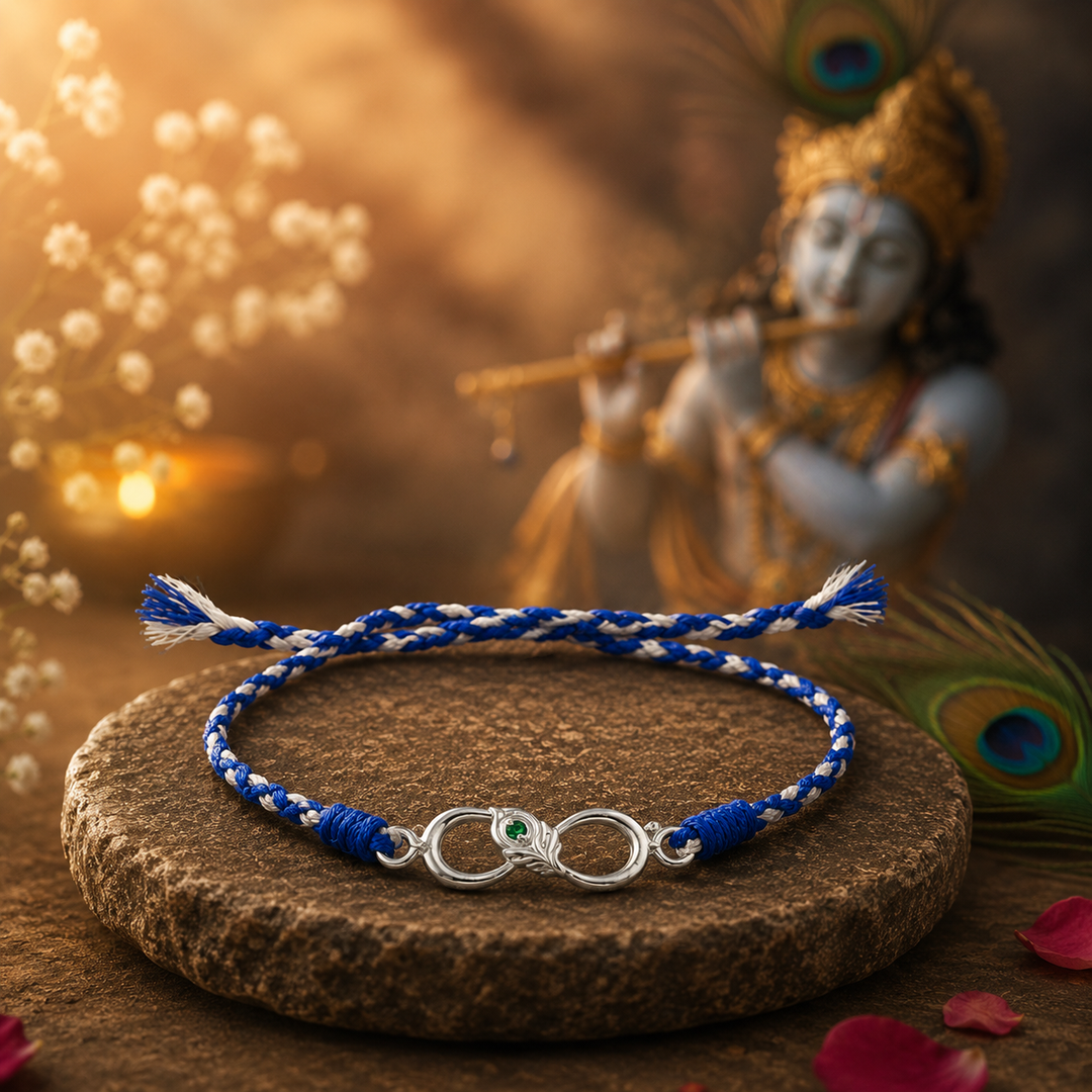 Unniyarcha 925 Sterling Silver Minimalist Mor Pankh Red Thread Rakhi with Chandan Tilak set