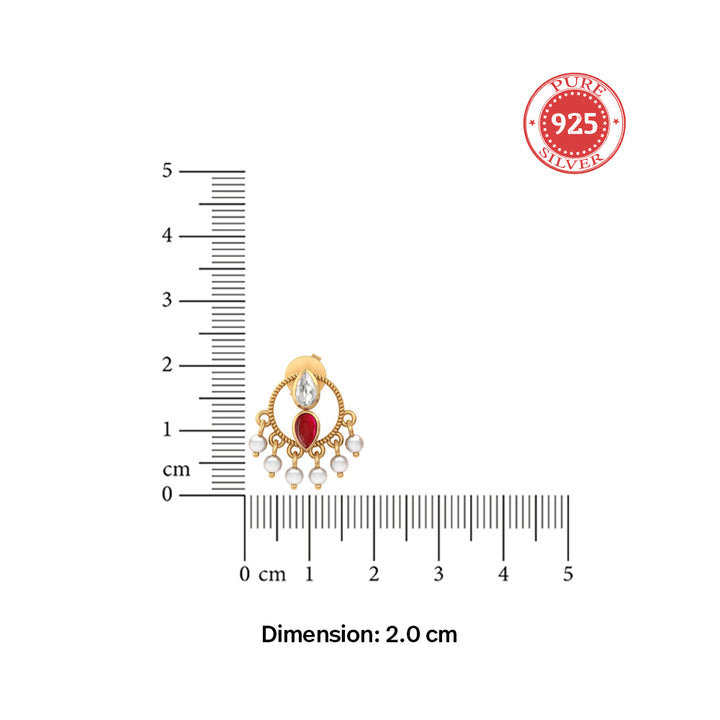 925 Sterling Silver Heirloom Round motif with Red Kundan & Pearl Stud Earrings (Gold Plating)