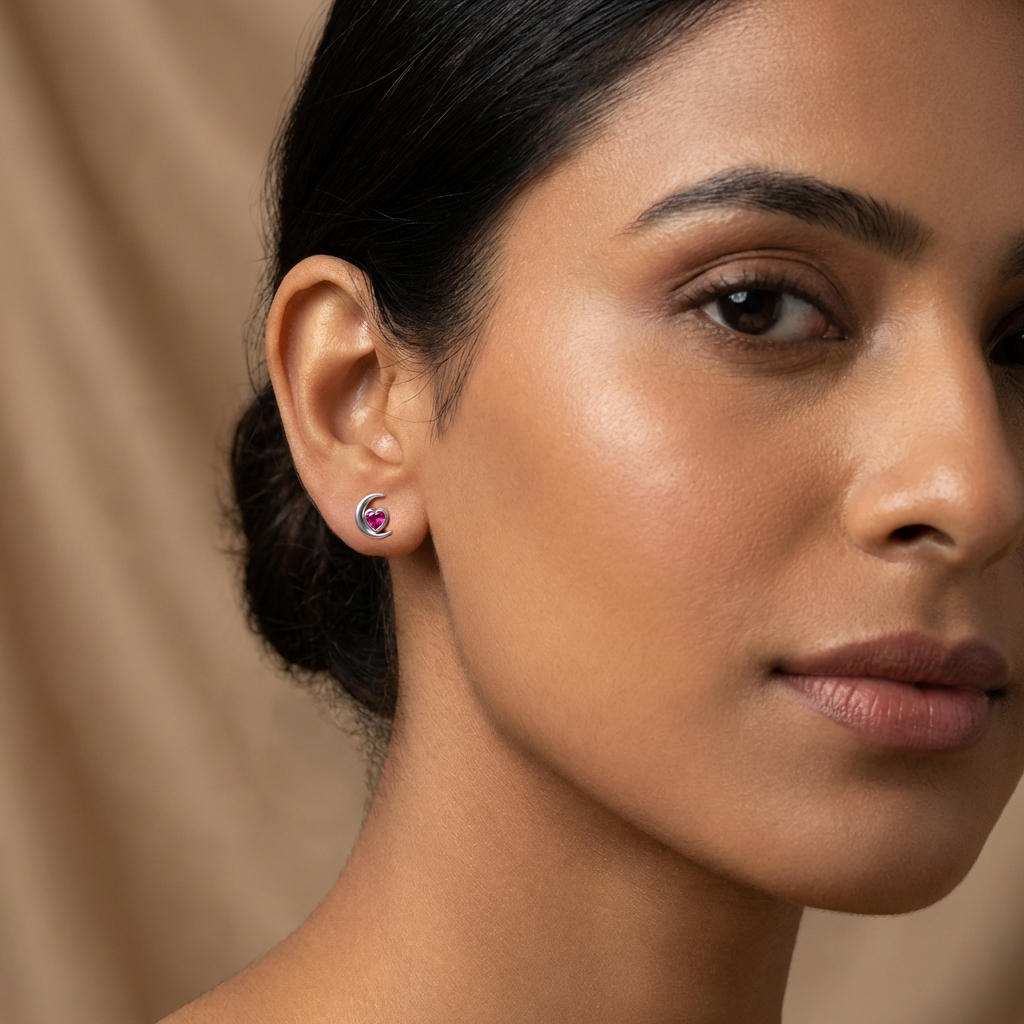 Ruby Crescent Stud Earrings – 925 Silver