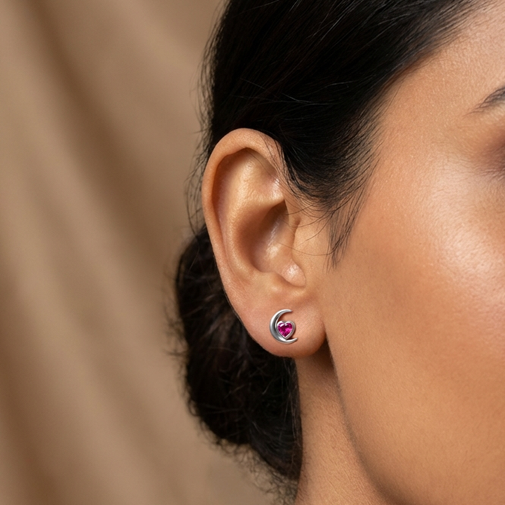 Ruby Crescent Stud Earrings – 925 Silver