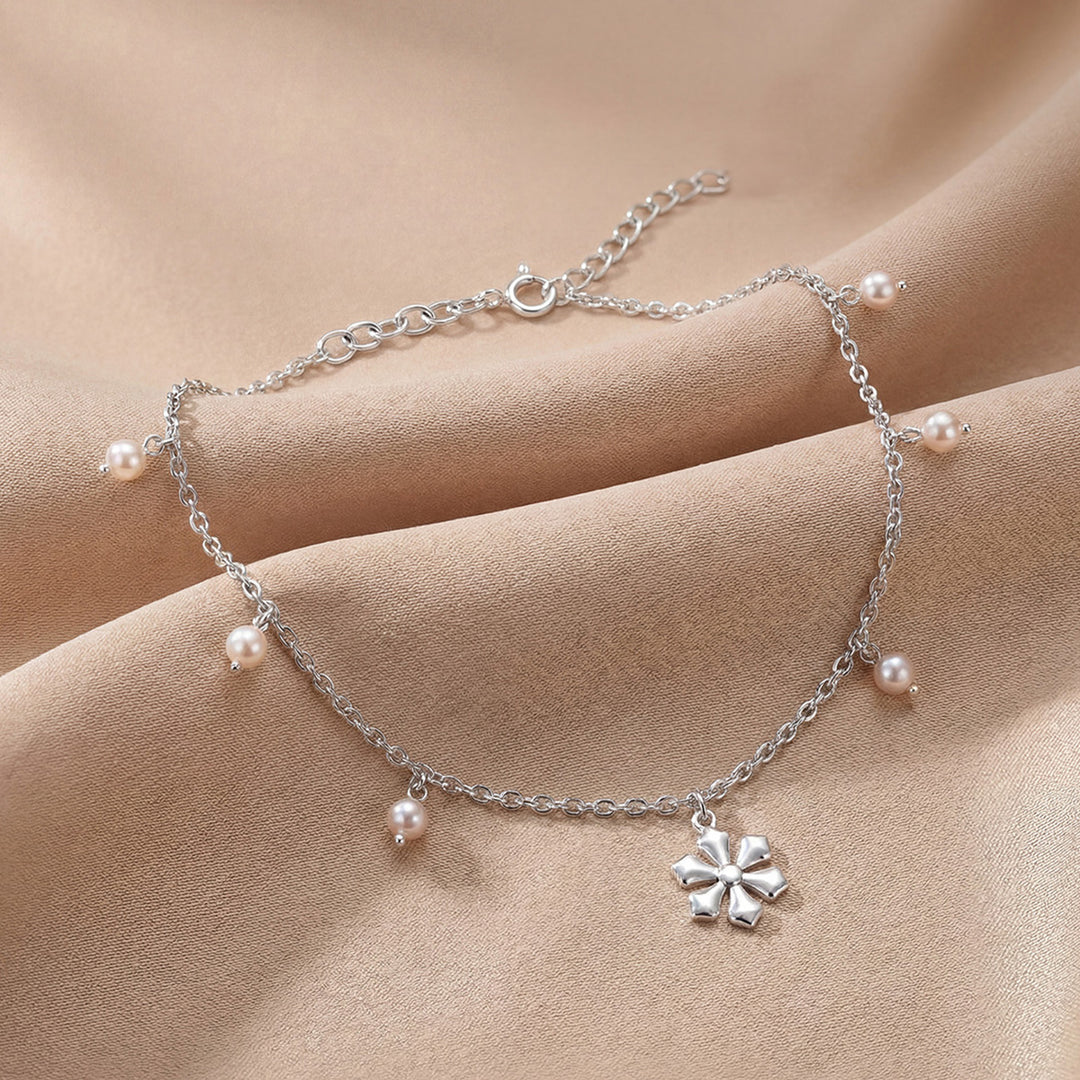 925 Pure Silver Minimalist Pearl & Flower Anklet