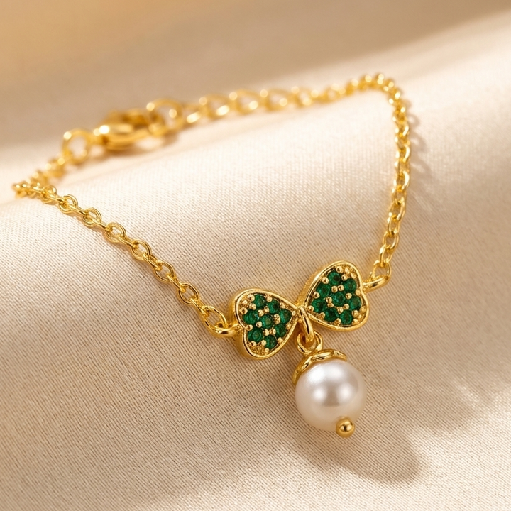 Silver 92.5 Emerald Bow Pearl Bracelet