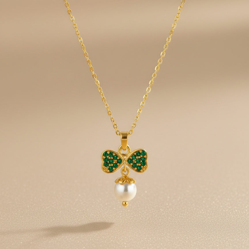 Silver Emerald Bow Pearl Necklace