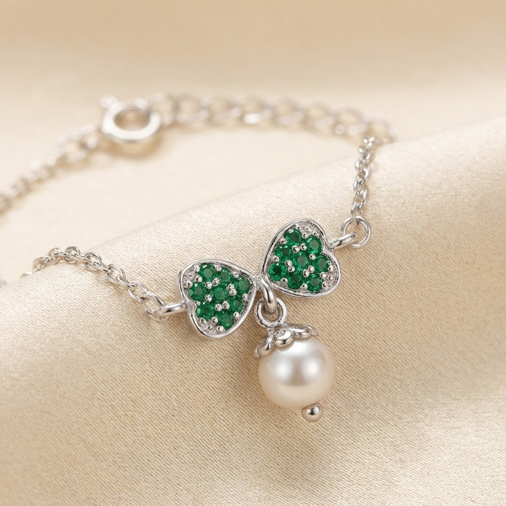 Silver 92.5 Emerald Bow Pearl Bracelet