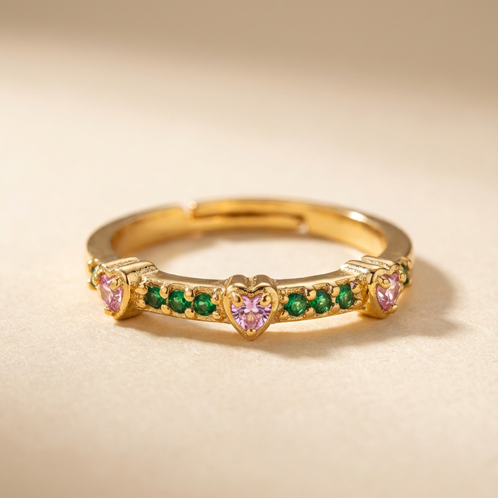 Silver Emerald Pink Heart Ring