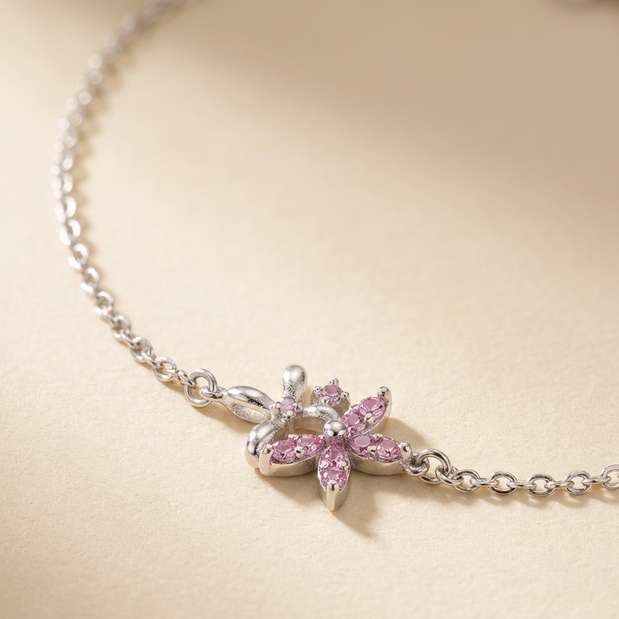 925 Sterling Silver Pink Floral Bracelet