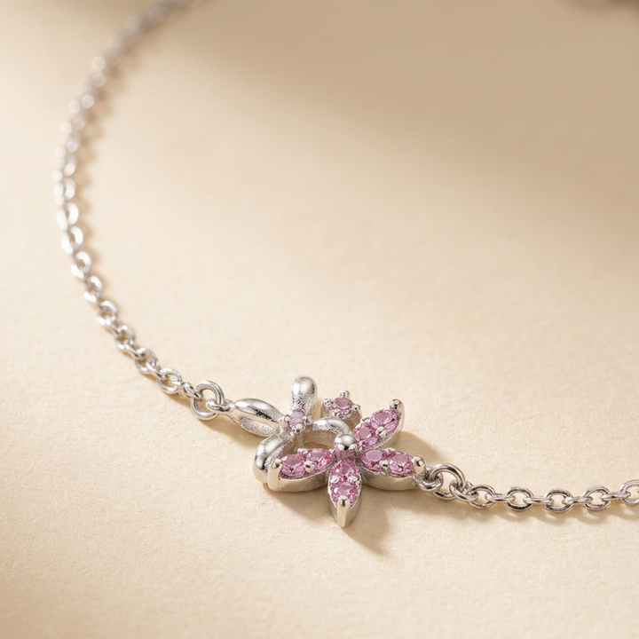 925 Sterling Silver Pink Floral Bracelet