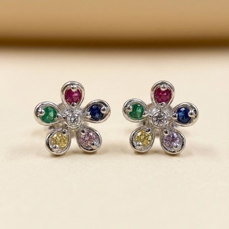 Silver Multi Gem Floral Stud Earrings