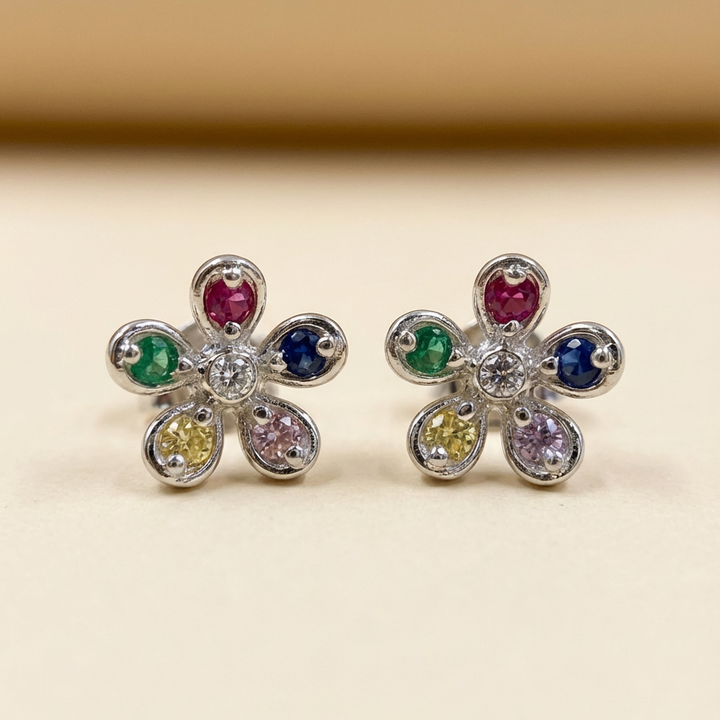 Silver Multi Gem Floral Stud Earrings