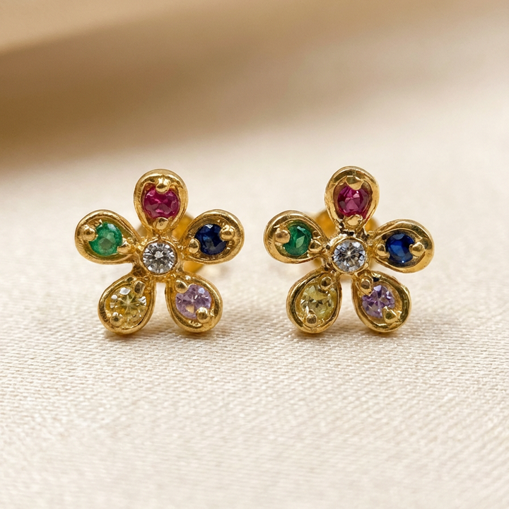Silver Multi Gem Floral Stud Earrings