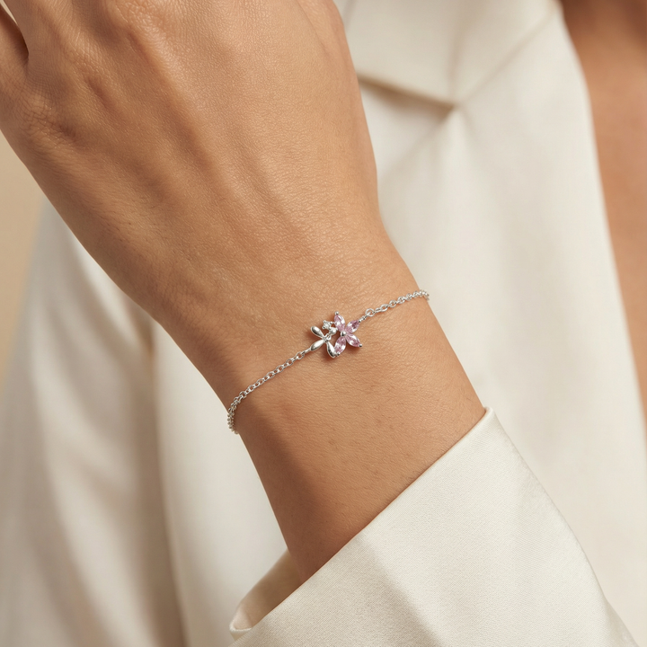 925 Sterling Silver Pink Floral Bracelet