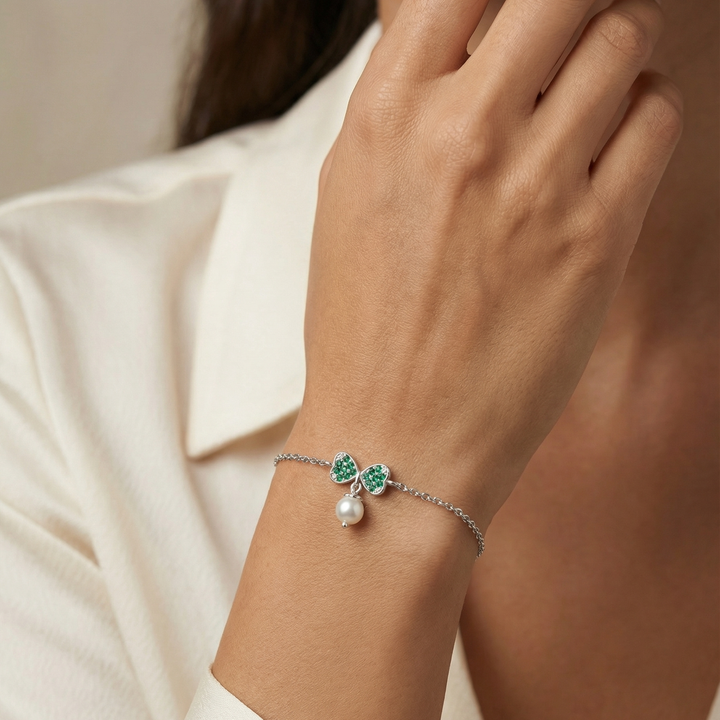 Silver 92.5 Emerald Bow Pearl Bracelet