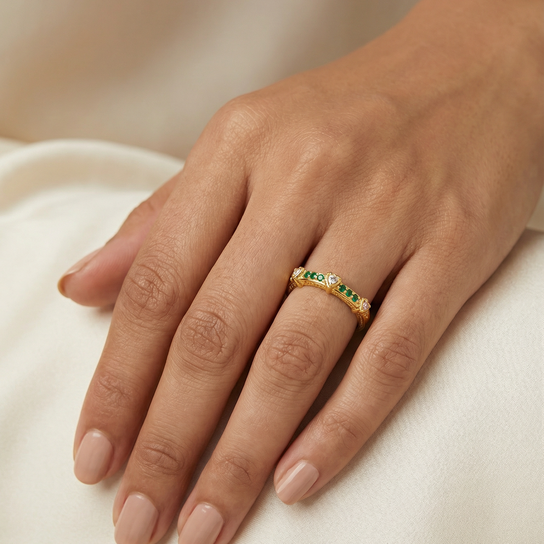 Silver Emerald Pink Heart Ring