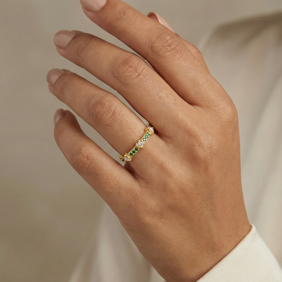 Silver Emerald Pink Heart Ring