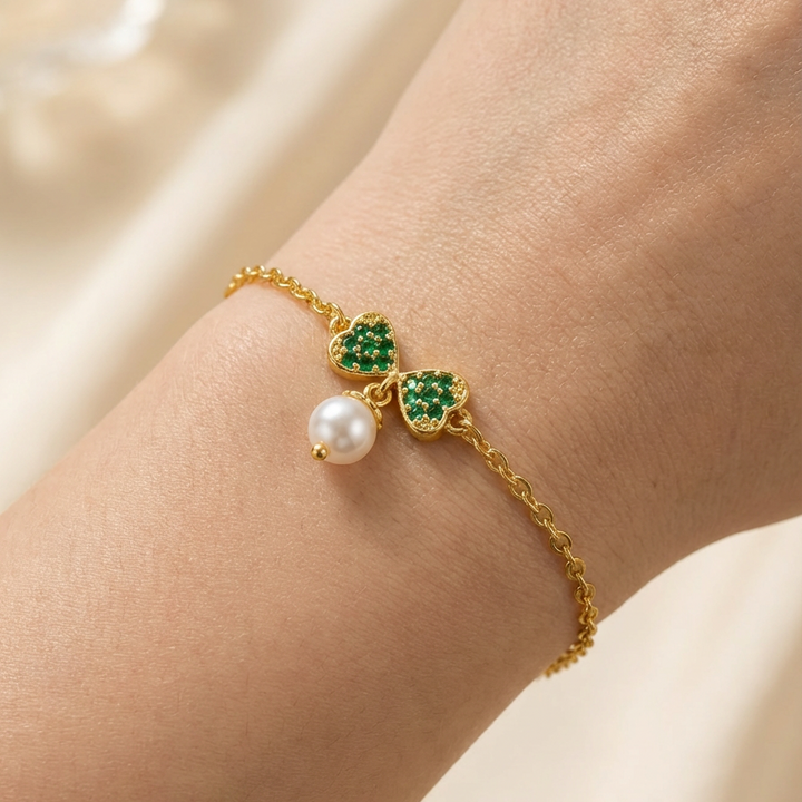 Silver 92.5 Emerald Bow Pearl Bracelet