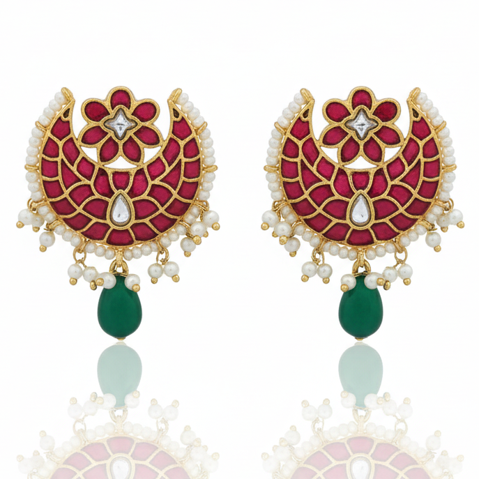 SILVER MAROON AND GREEN KUNDAN EARRINGS