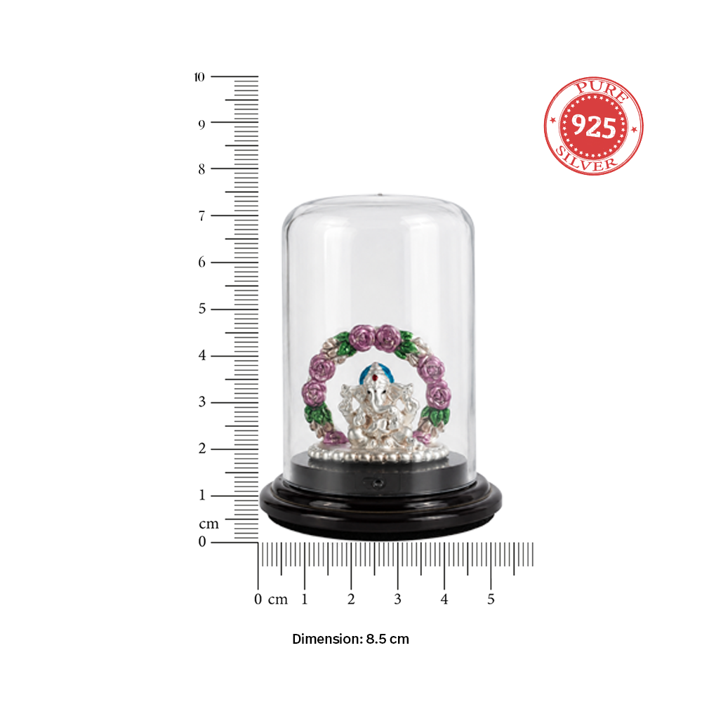 999 Silver Floral Ganesha Idol in Dome Casing
