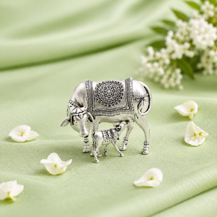 925 Sterling Silver Kamdhenu Cow & Calf Idol