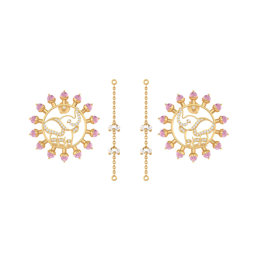 925 Pure Silver Pink Halo Elephant Ear-Chain Earrings