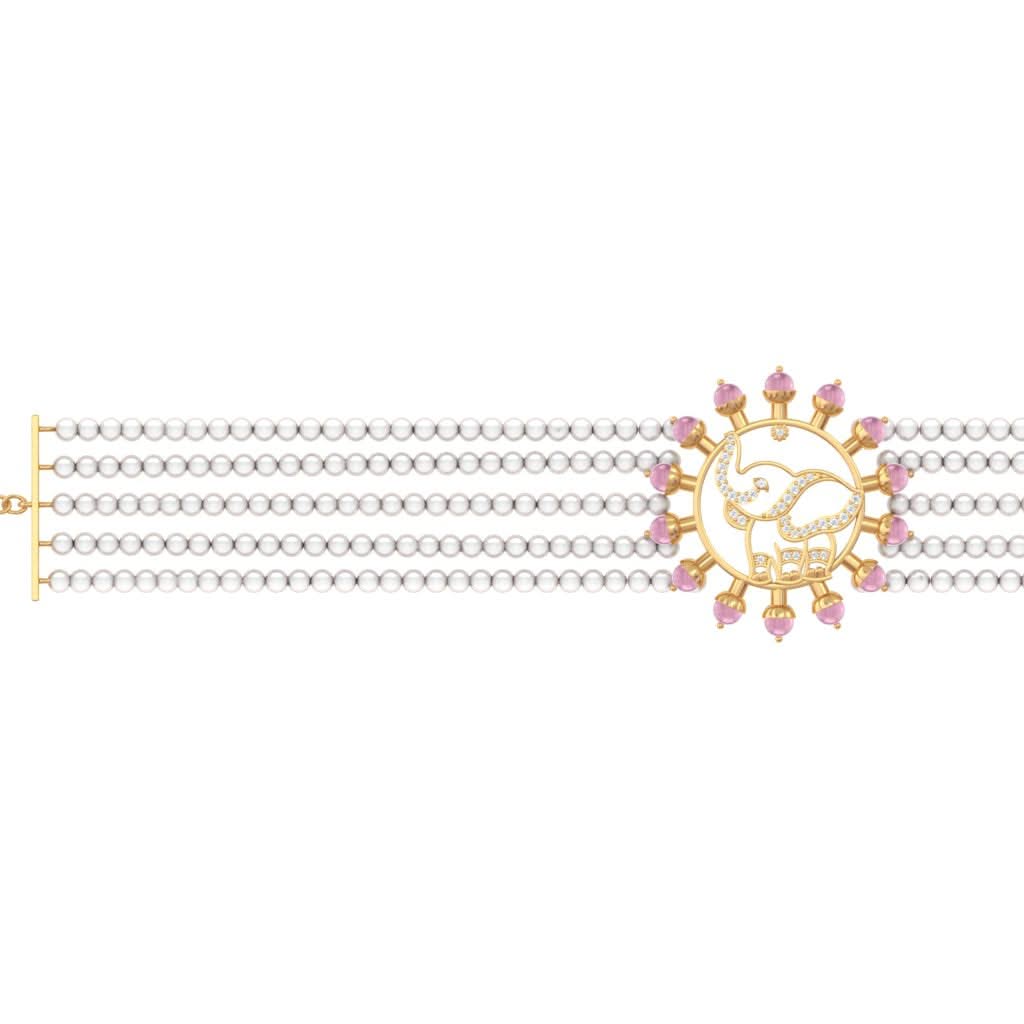 925 Pure Silver Pearl Choker with Pink Halo Elephant
