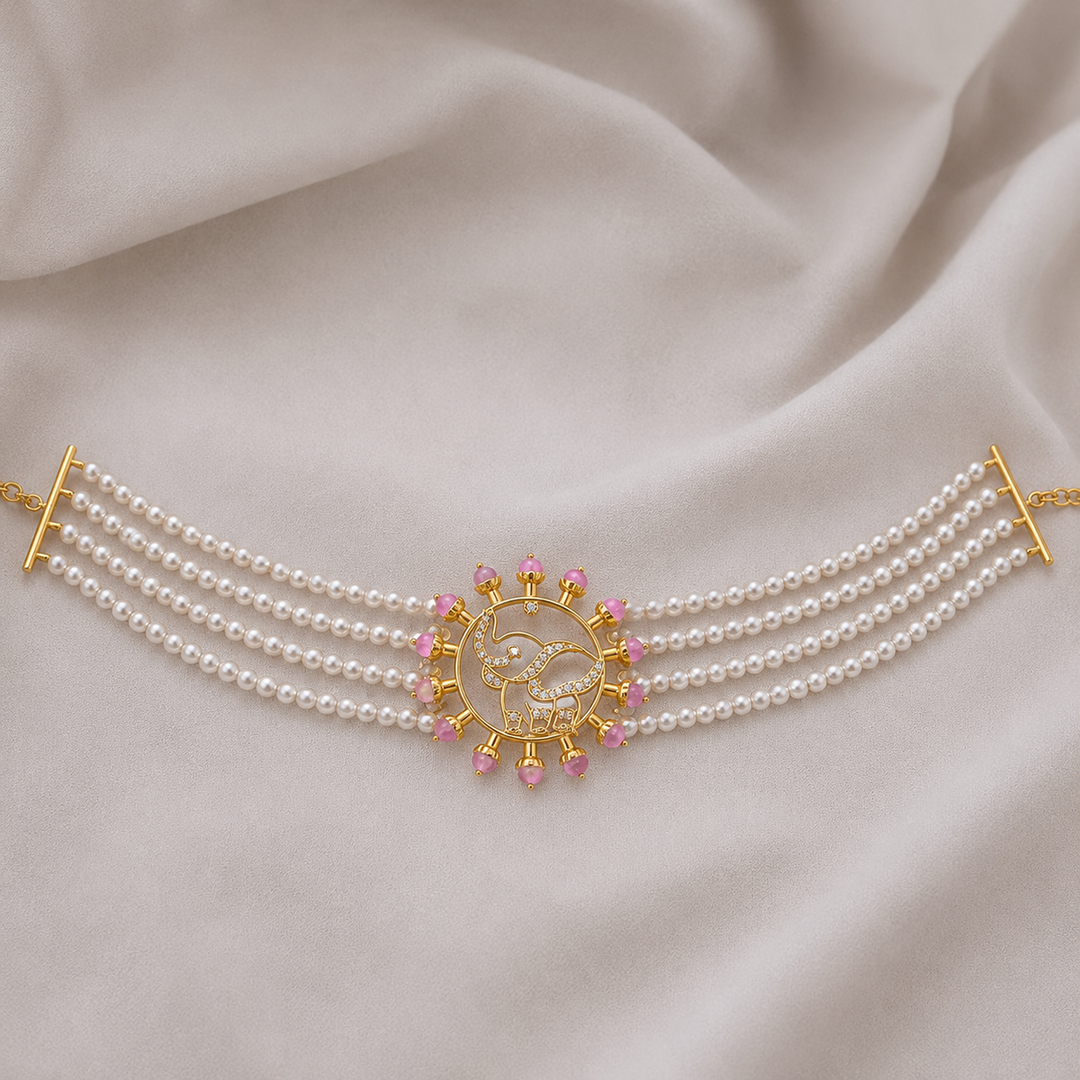 925 Pure Silver Pearl Choker with Pink Halo Elephant