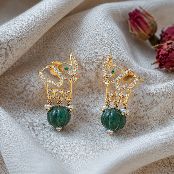 925 Pure Silver Elephant Emerald Green Bead Earrings