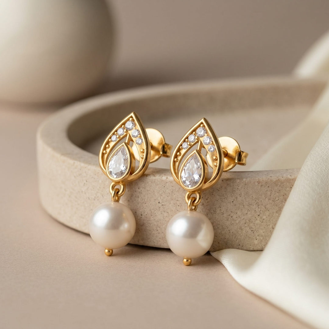 925 Sterling Silver Heirloom Pear Motif White Kundan & Pearl Stud Earrings (Gold Plating)