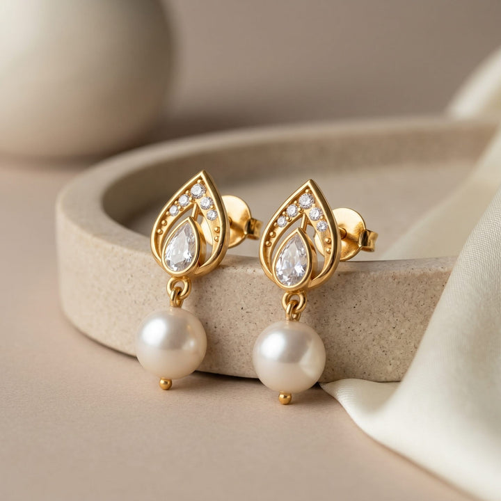 925 Sterling Silver Heirloom Pear Motif White Kundan & Pearl Stud Earrings (Gold Plating)