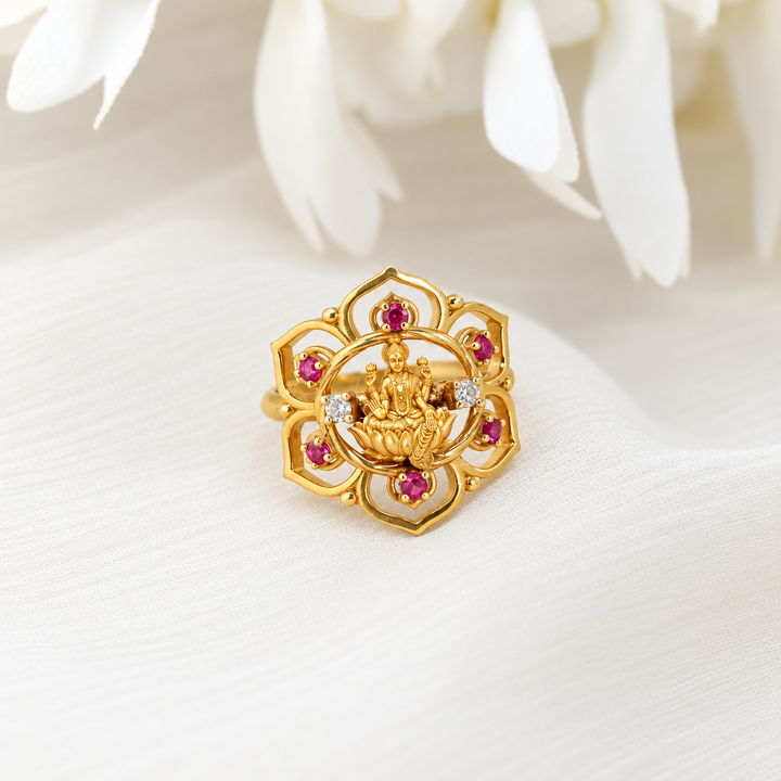 Silver 925 Dhan Lakshmi Ruby Lotus Statement Ring