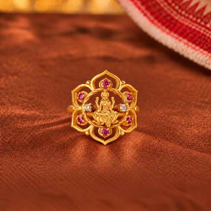 Silver 925 Dhan Lakshmi Ruby Lotus Statement Ring