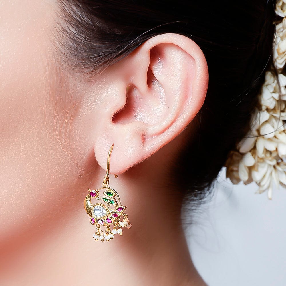 Swan Motif Kundan Dangling Earrings In 92.5 Silver