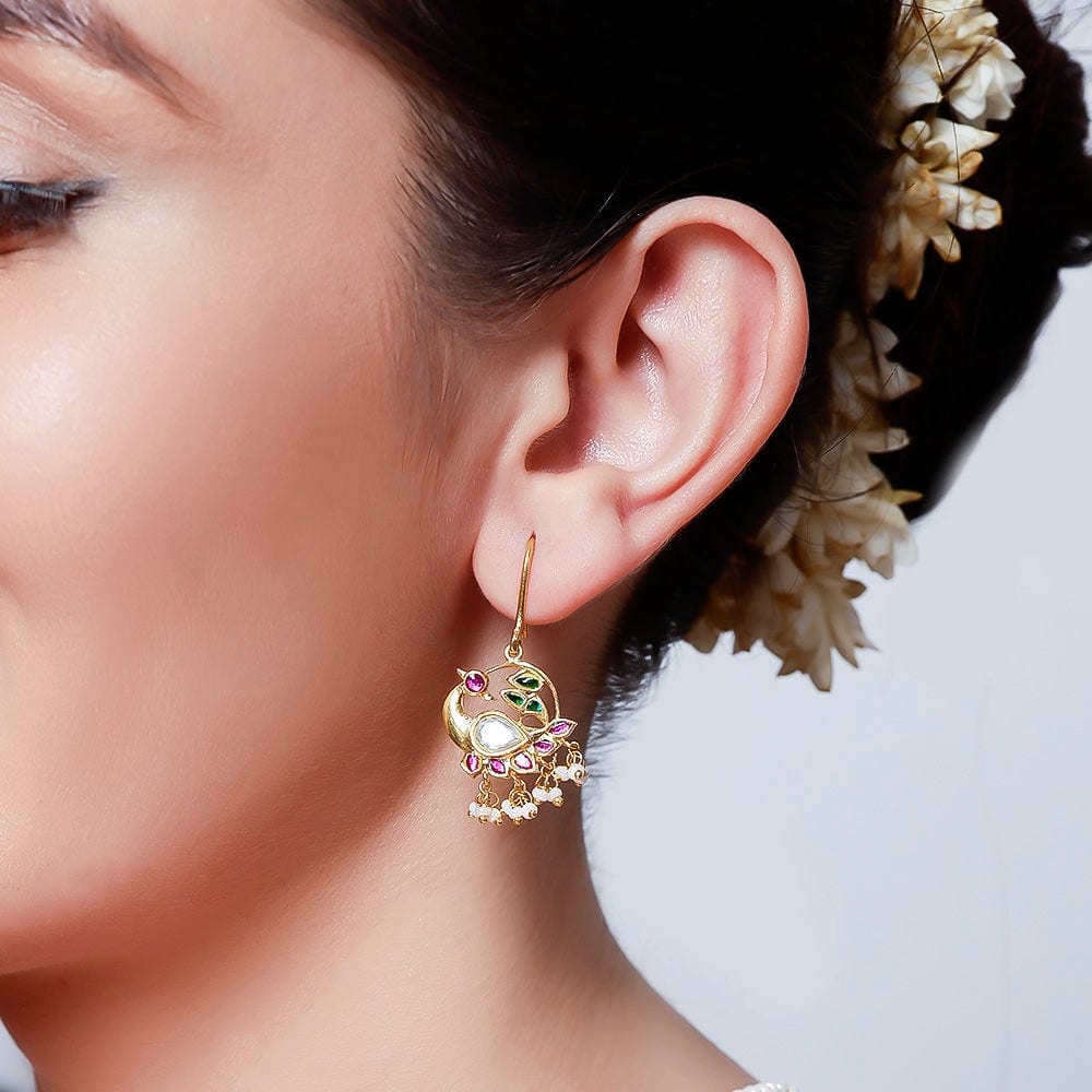 Swan Motif Kundan Dangling Earrings In 92.5 Silver