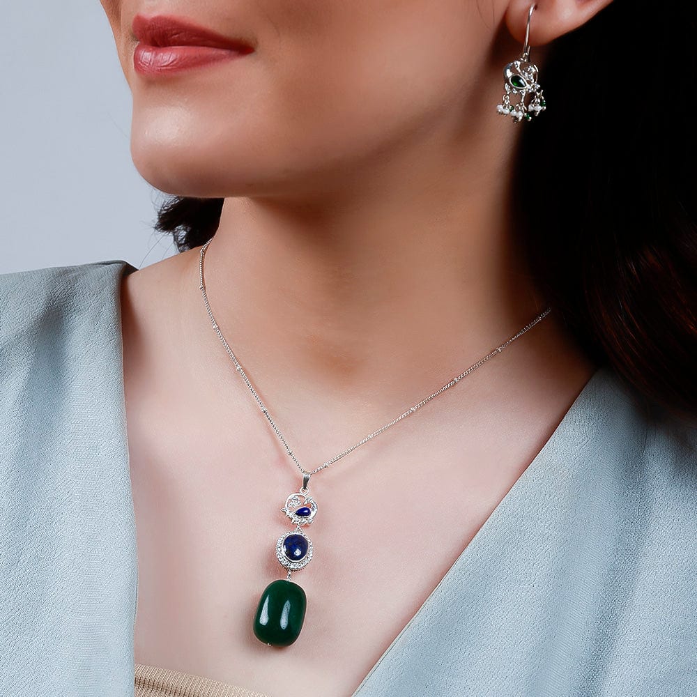 Silver Oxidised Lapis And Green Onyx Necklace