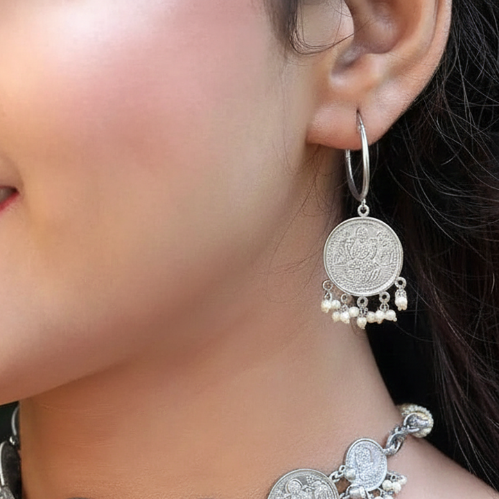 Lakshmi Silver Coin Hoops Earring
