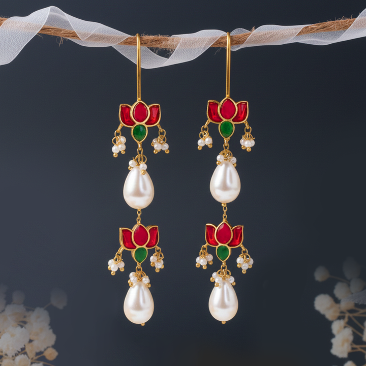 925 Sterling Silver Double Lotus Kundan Sui Dhaga Earring