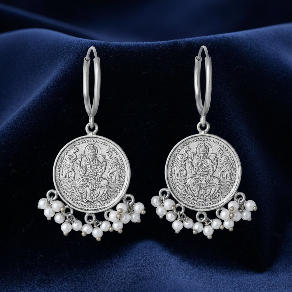 Lakshmi Silver Coin Hoops Earring