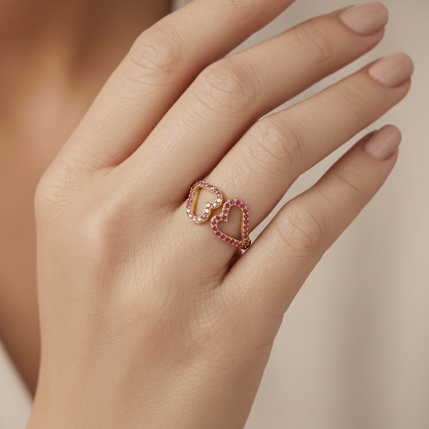 Silver Twin Heart Bloom Ring