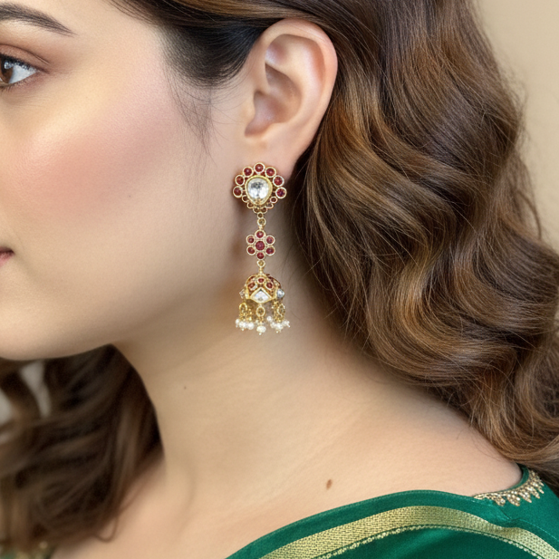 Silver Kundan Floral Jhumka Earrings