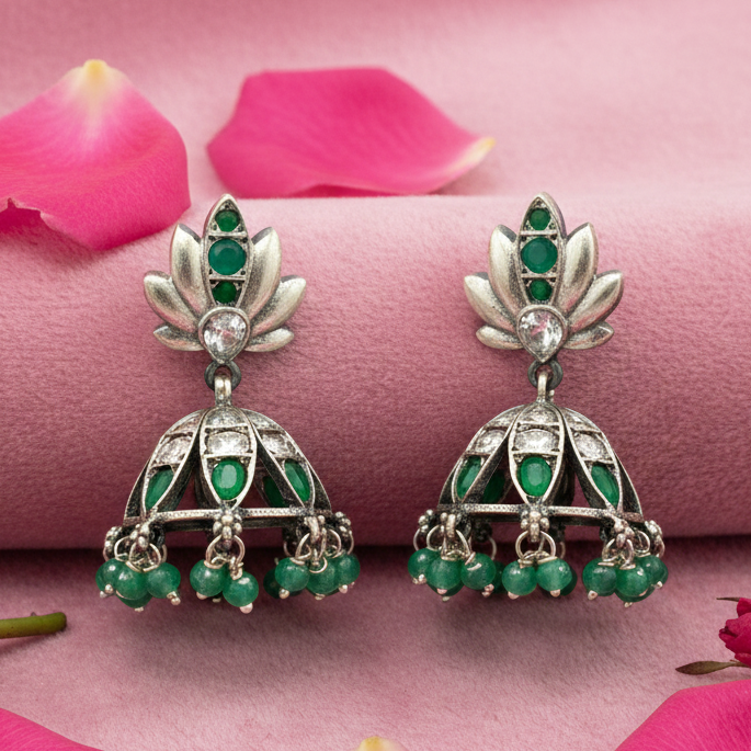 92.5 Silver Oxidised Lotus Jhumki