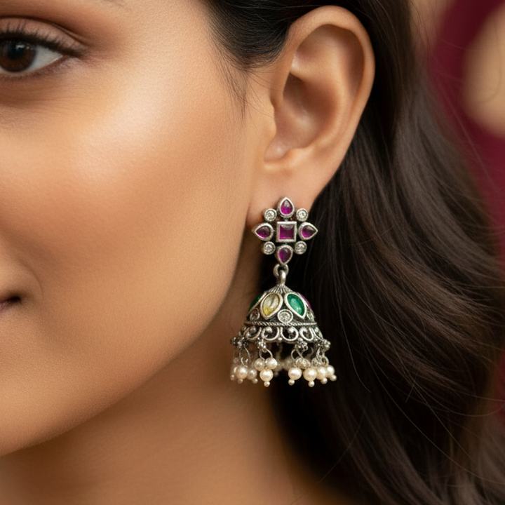 Silver 925 Navratna Jhumka Earrings