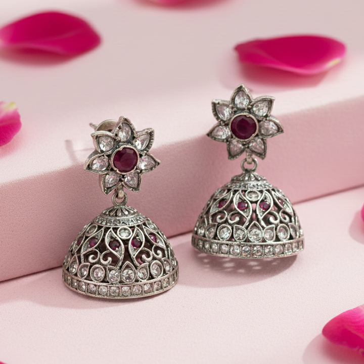 Silver 92.5 Ruby Flower Jhumka Earrings