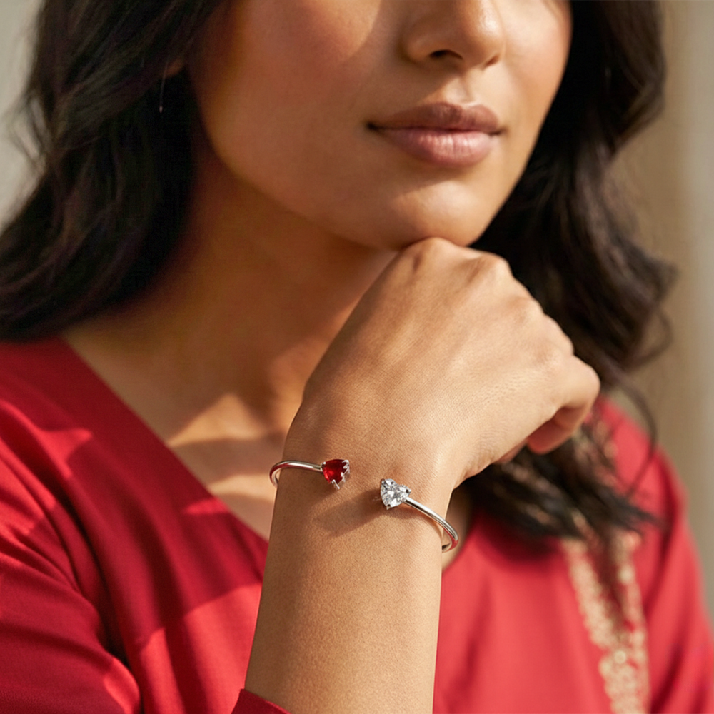 Twin Heart Open Cuff Bracelet – 925 Silver