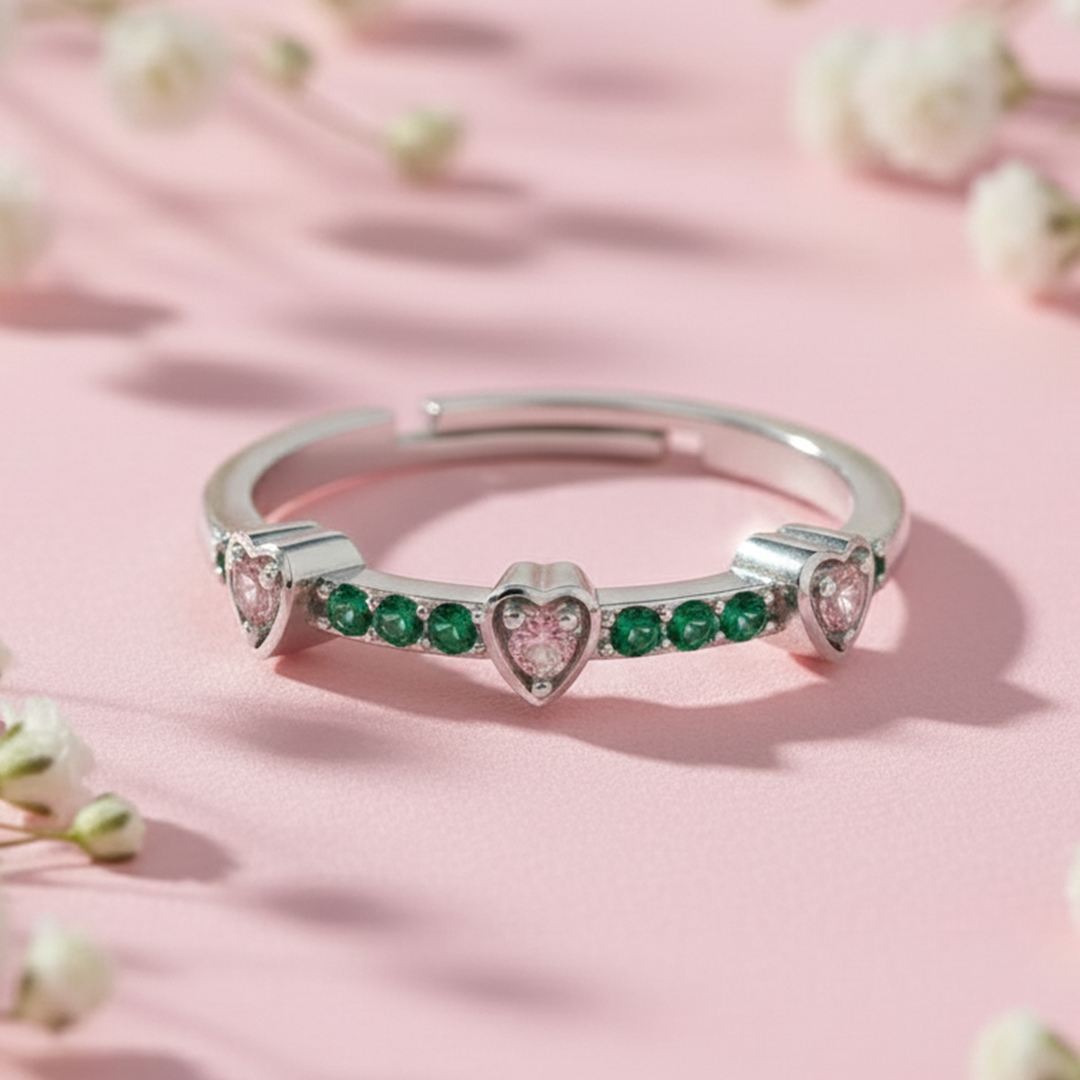 Silver Emerald Pink Heart Ring