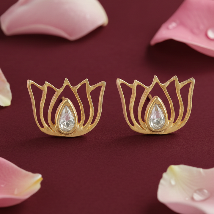 92.5 Silver White Kundan Sacred Lotus Stud Earrings