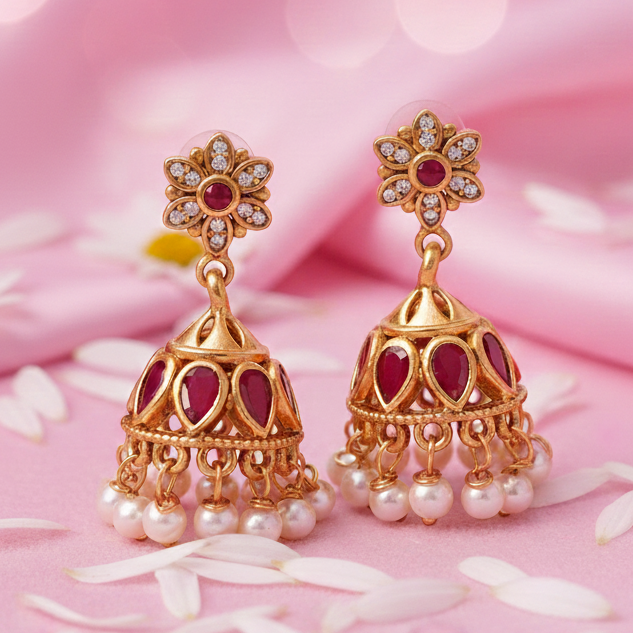 Silver 925 Gulabi Floral Jhumkas