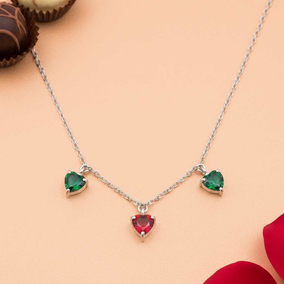 Green and Red Heart Shaped Diamond Studded Silver Necklace