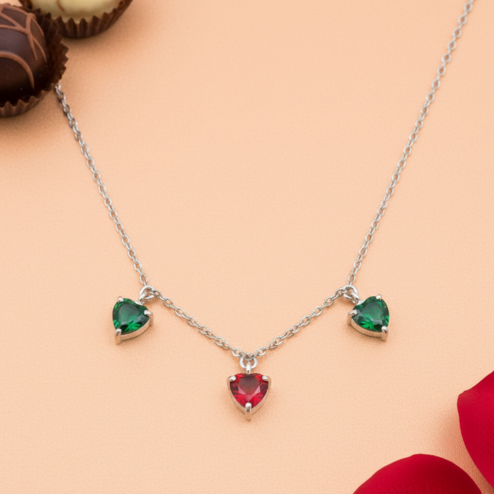 Green and Red Heart Shaped Diamond Studded Silver Necklace